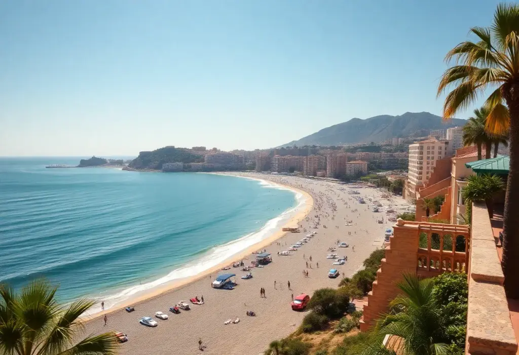 A beautiful beach view in Costa del Sol, bustling with tourists enjoying the sun.