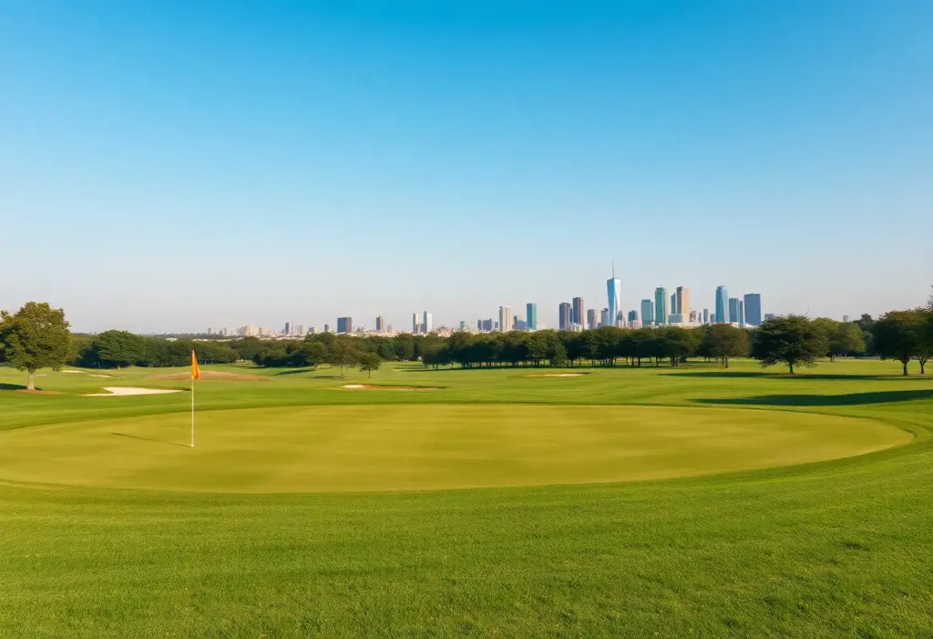 View of a public golf course surrounded by city landscape