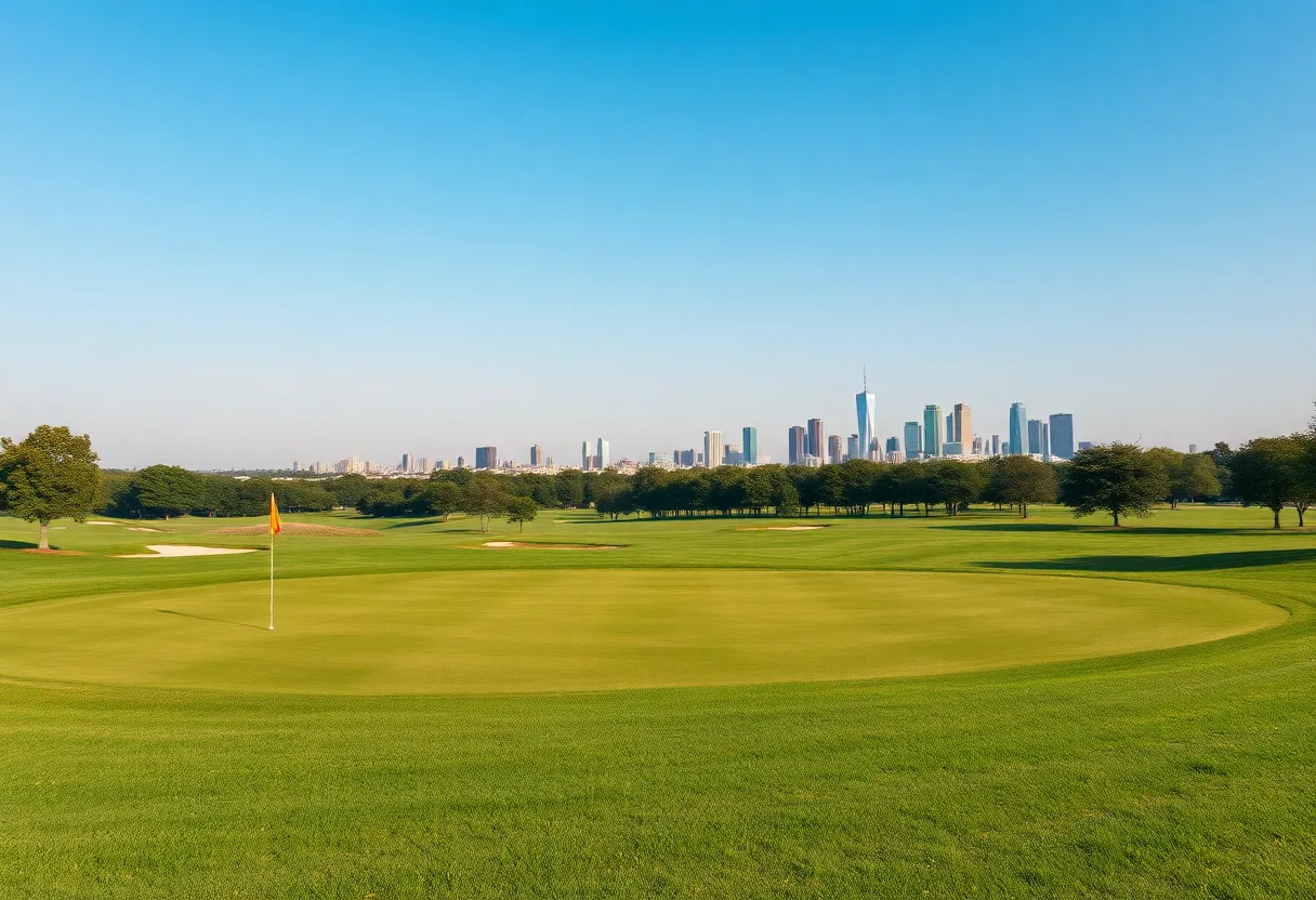 View of a public golf course surrounded by city landscape