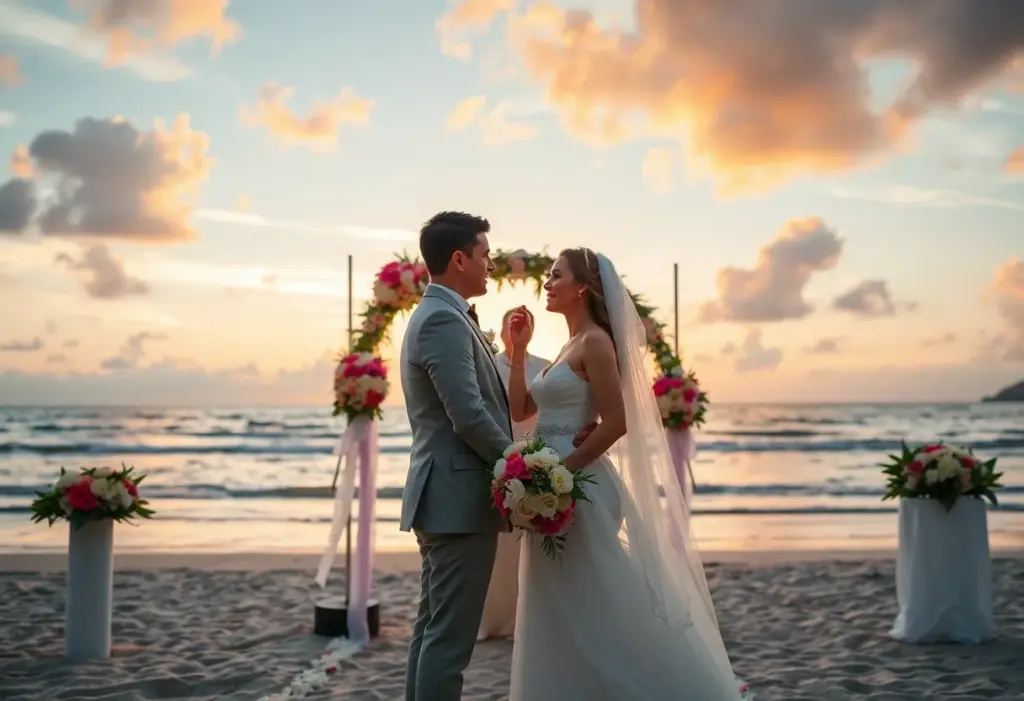 A couple exchanging vows on a beautiful beach during sunset.