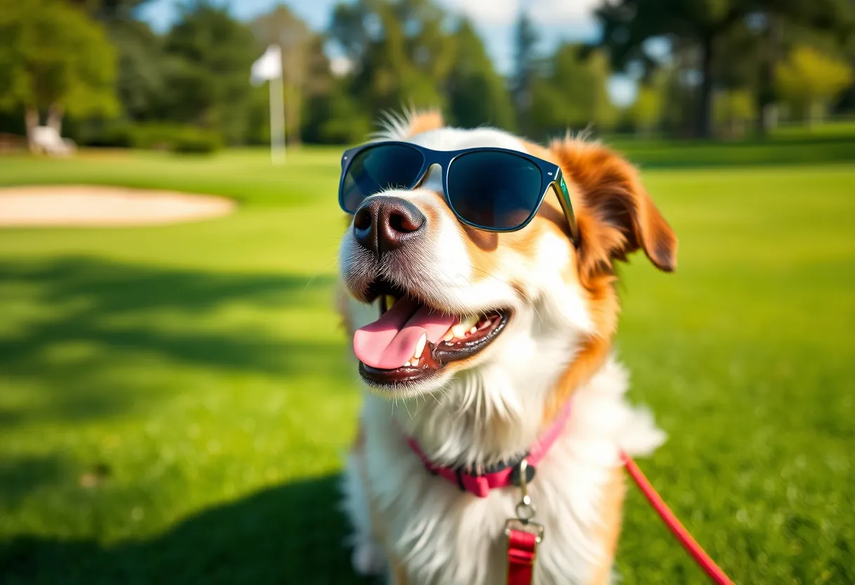 Dexter the lab mix playing on the golf course at TPC Sawgrass