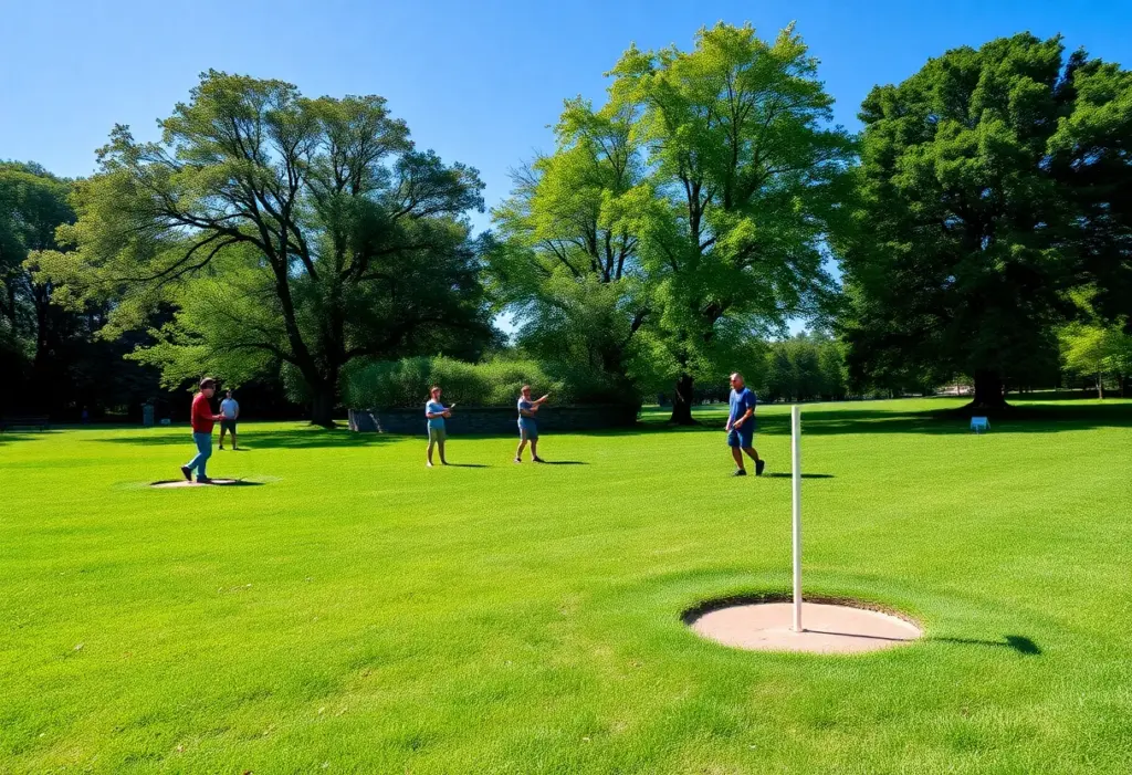 Participants playing disc golf on a vibrant course