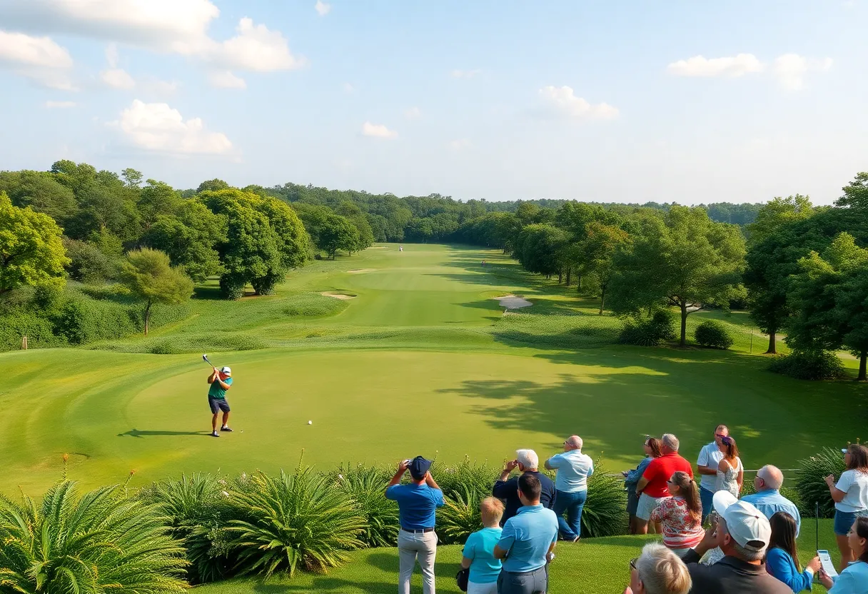 A scenic view of DLF Golf & Country Club during Hero Indian Open 2026 featuring players and spectators.