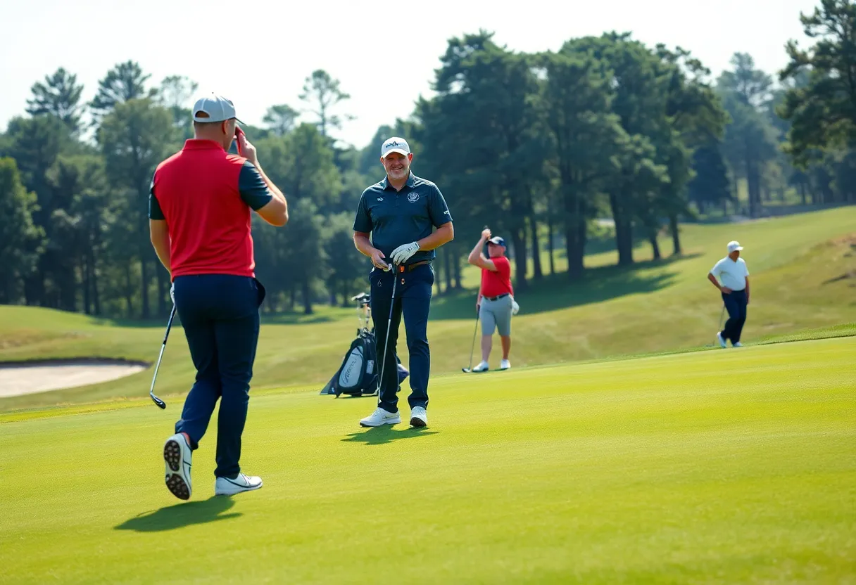 Golf team preparing for tournament on a lush green course
