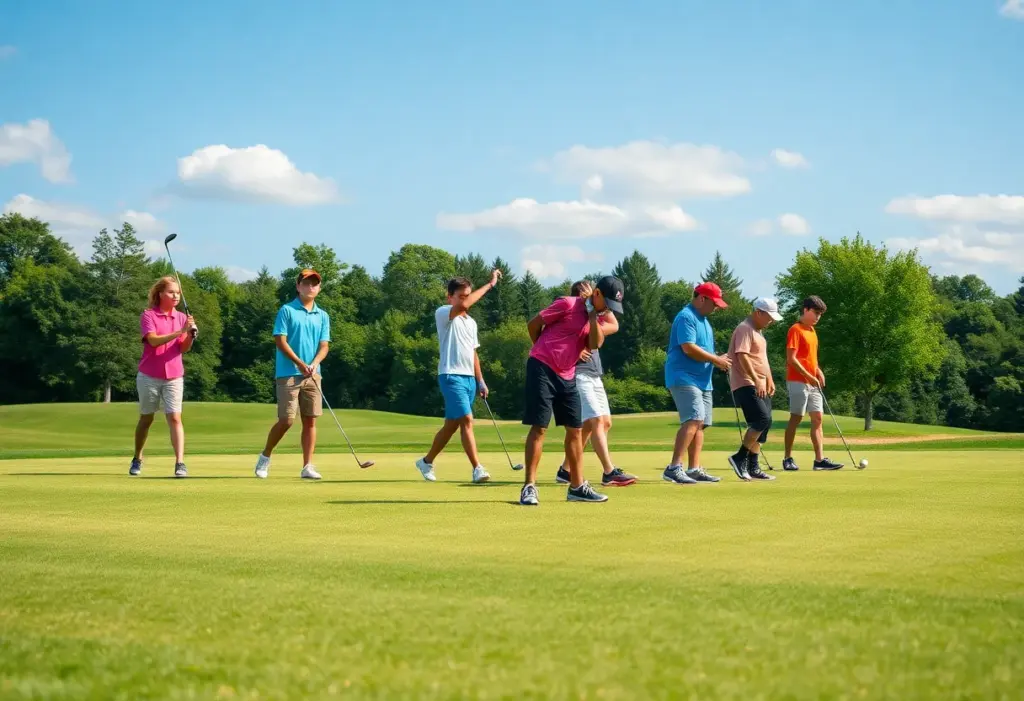 A group of young golfers practicing at a golf course under a sunny sky