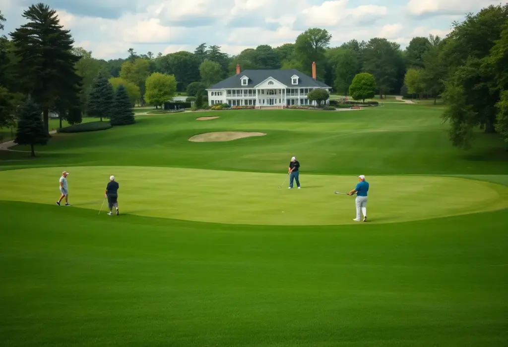 Scenic view of a golf course with players practicing