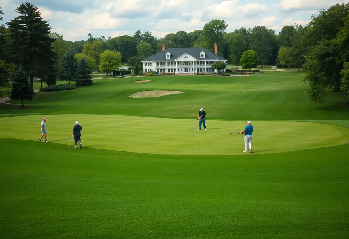 Scenic view of a golf course with players practicing