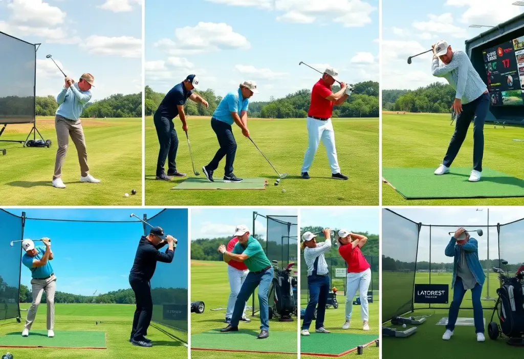 Diverse golfers practicing golf swings with digital resources in the background