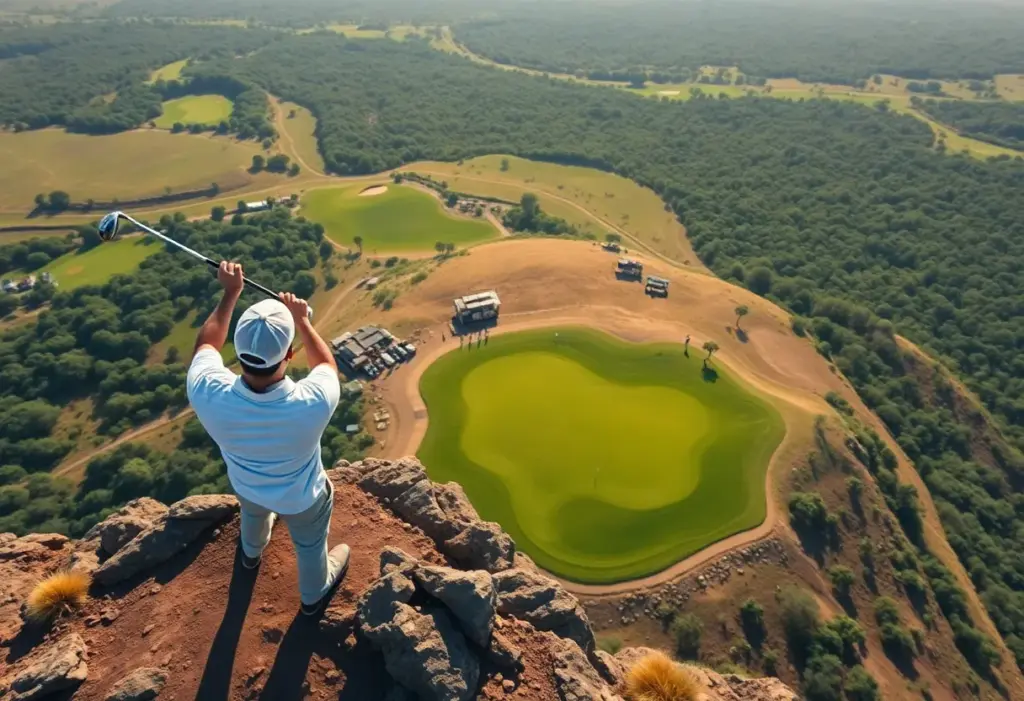 Golfer tees off from the Extreme 19th at Hanglip Mountain