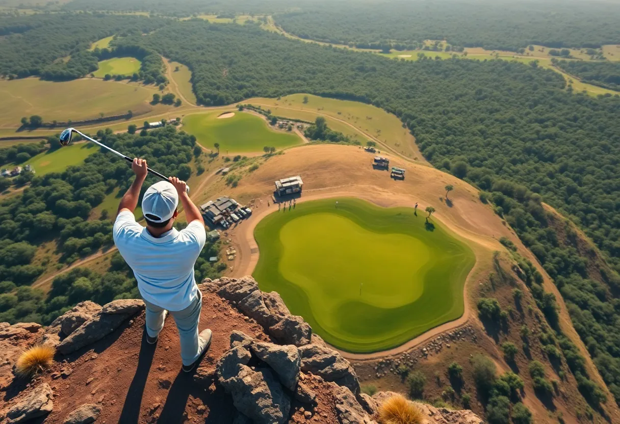 Golfer tees off from the Extreme 19th at Hanglip Mountain