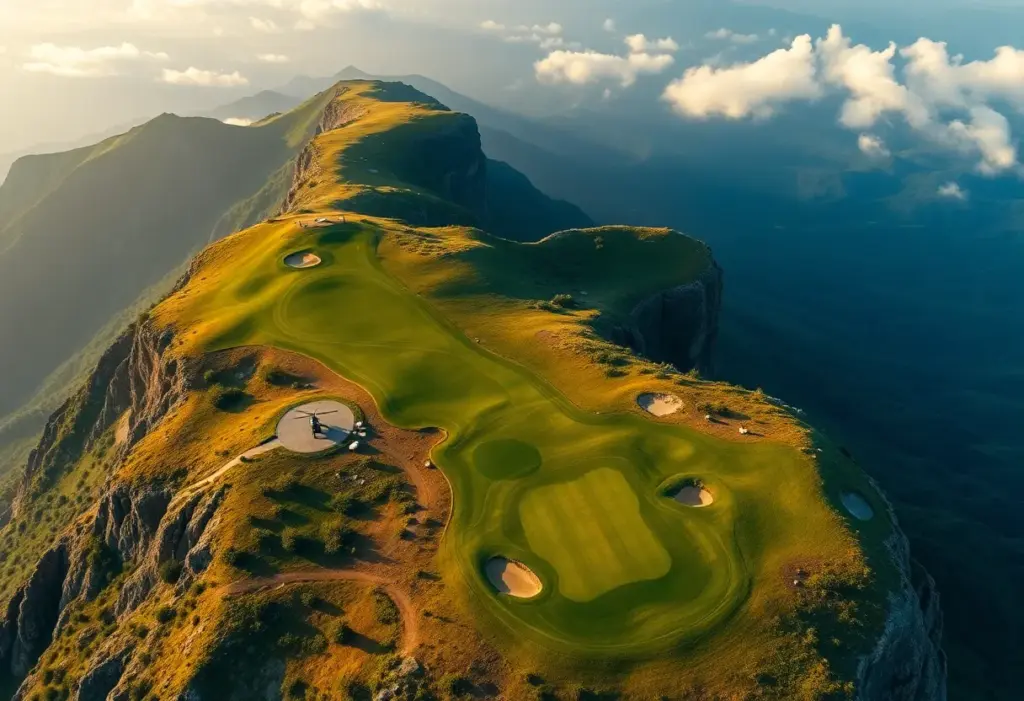 Aerial view of Extreme 19th hole on Hanglip Mountain with helicopter and African continent shaped green