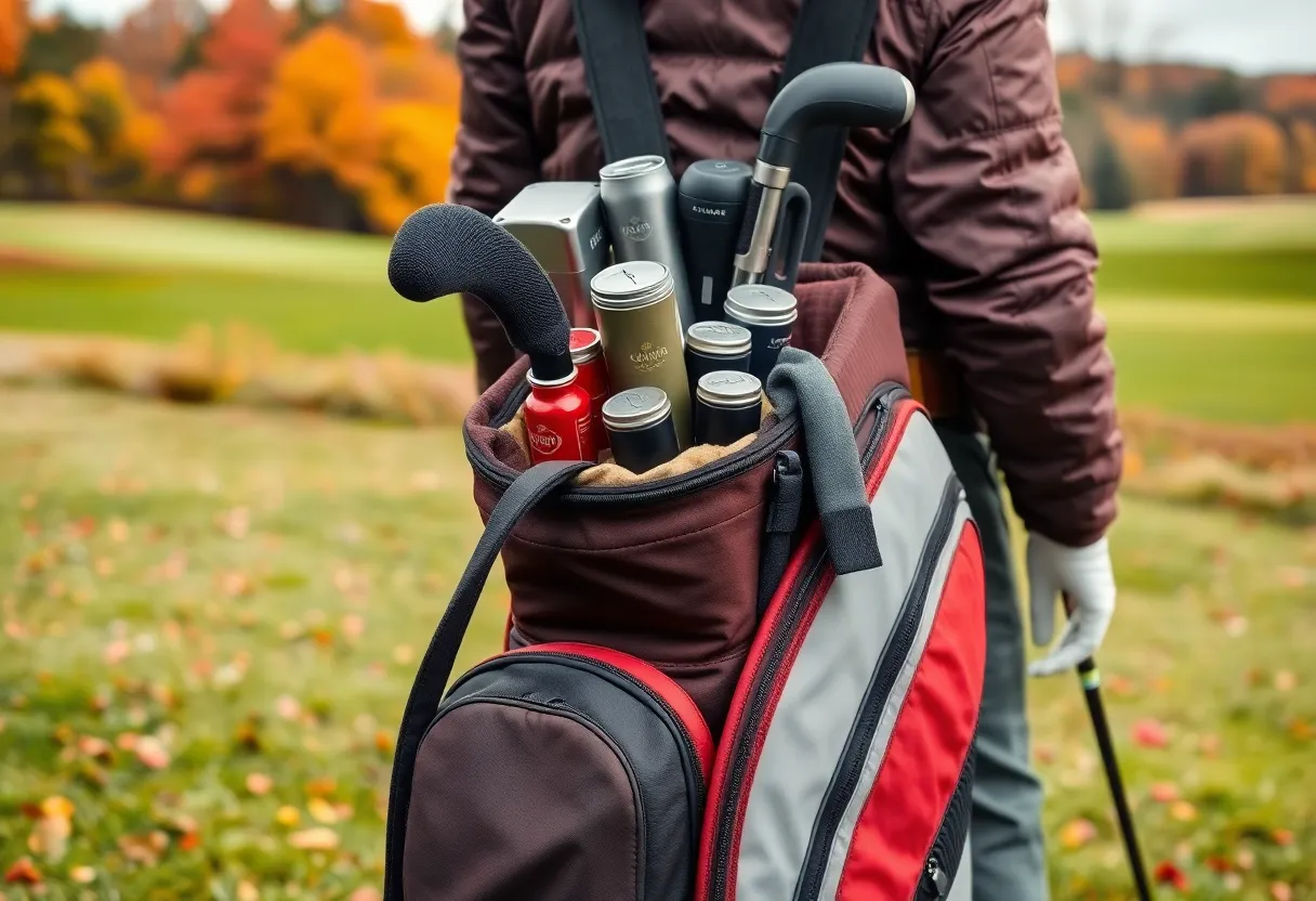 Golf gear and colorful autumn background for packing tips