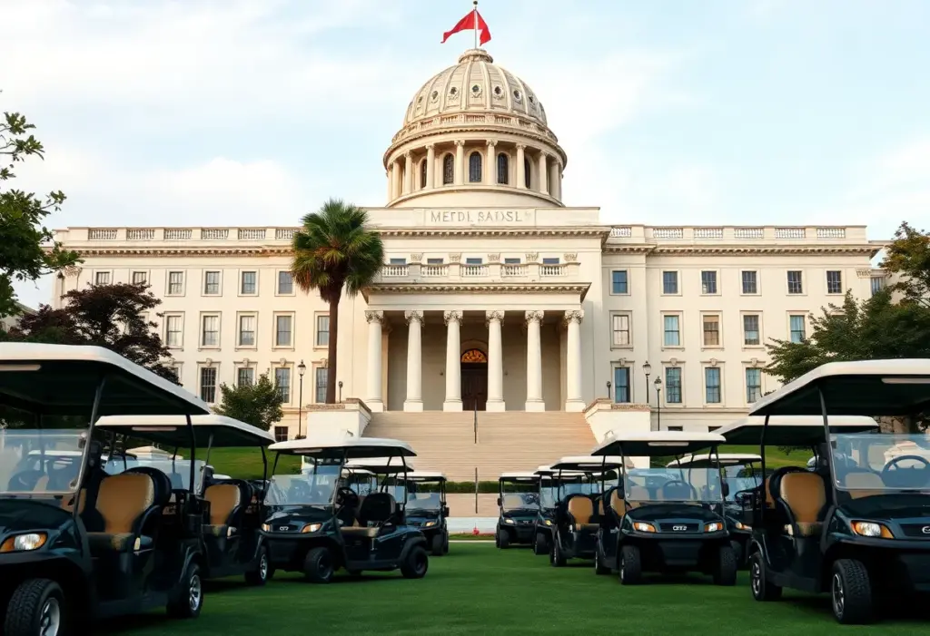 Golf carts near a federal government building