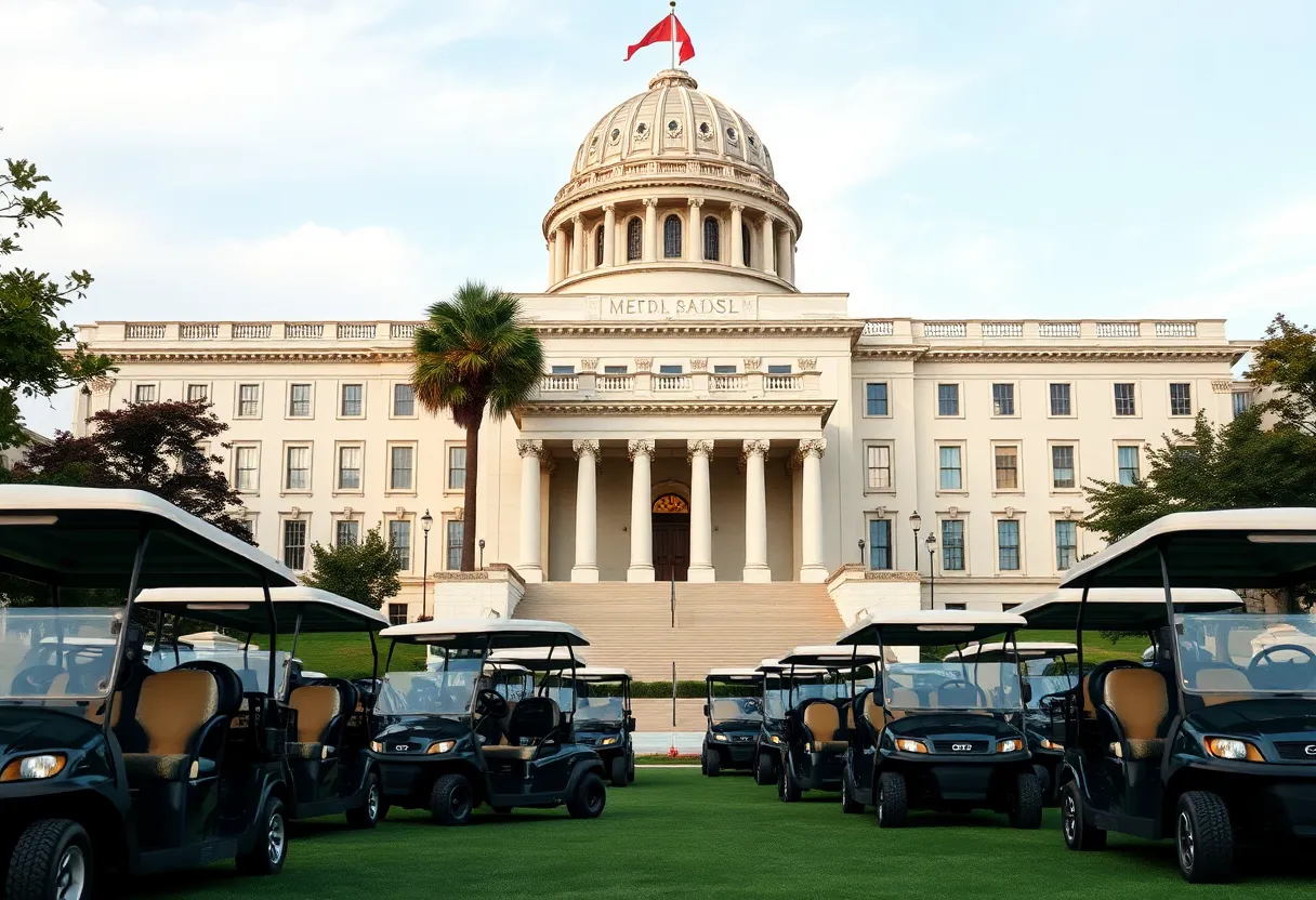 Golf carts near a federal government building