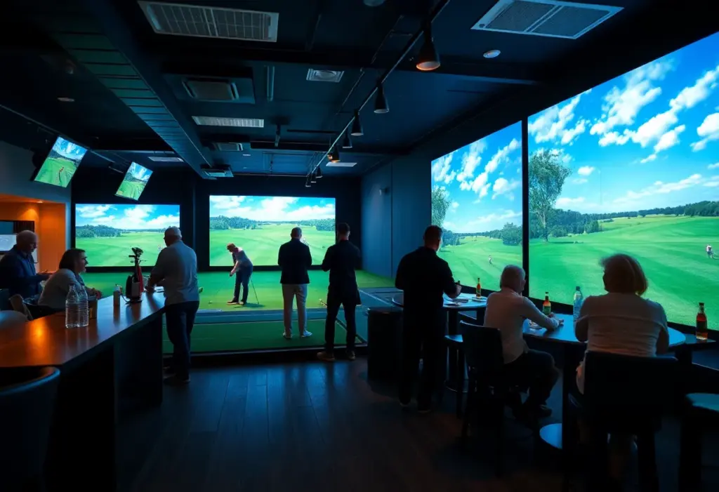 Interior view of Five Iron Golf venue with golf simulators