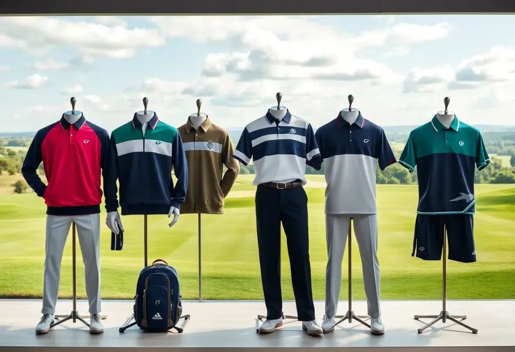 Display of premium golf apparel including custom designs and branding elements.