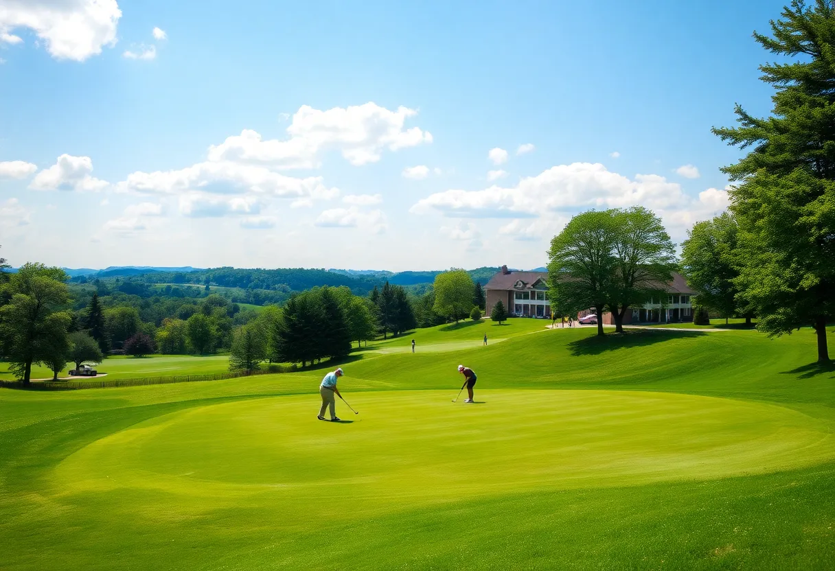 Golfers playing on the French Lick Resort golf course with beautiful scenery.