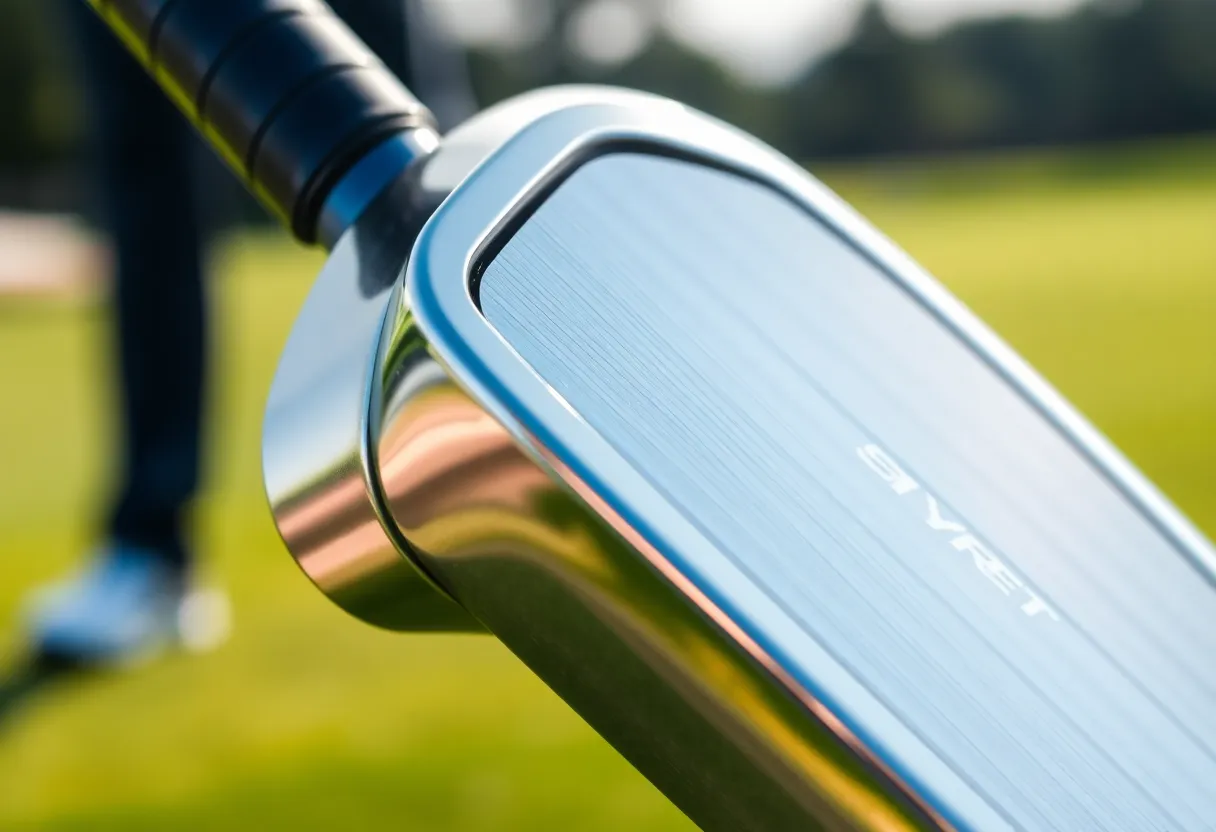 Fujikura MCI hybrid iron shaft displayed on a golf course.