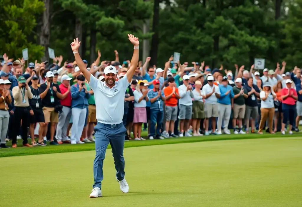 Celebration of a victorious golfer on the golf course