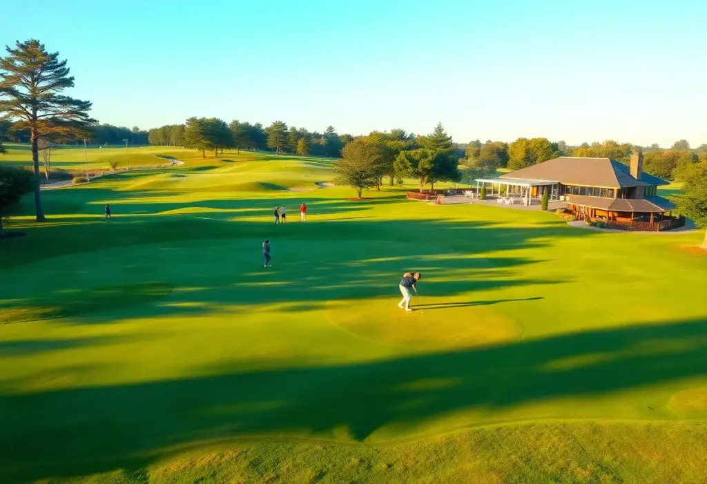A scenic view of the new Gate Golf Club with golfers and dining facilities