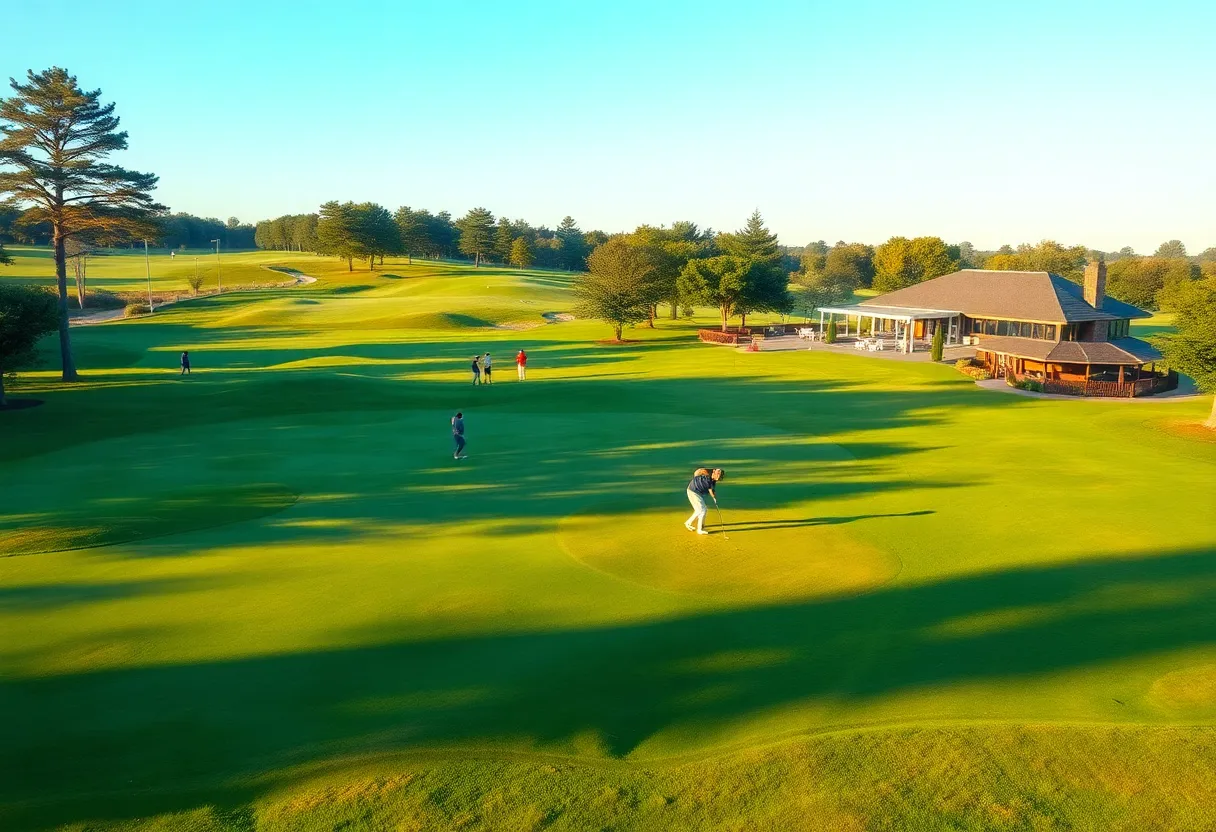 A scenic view of the new Gate Golf Club with golfers and dining facilities