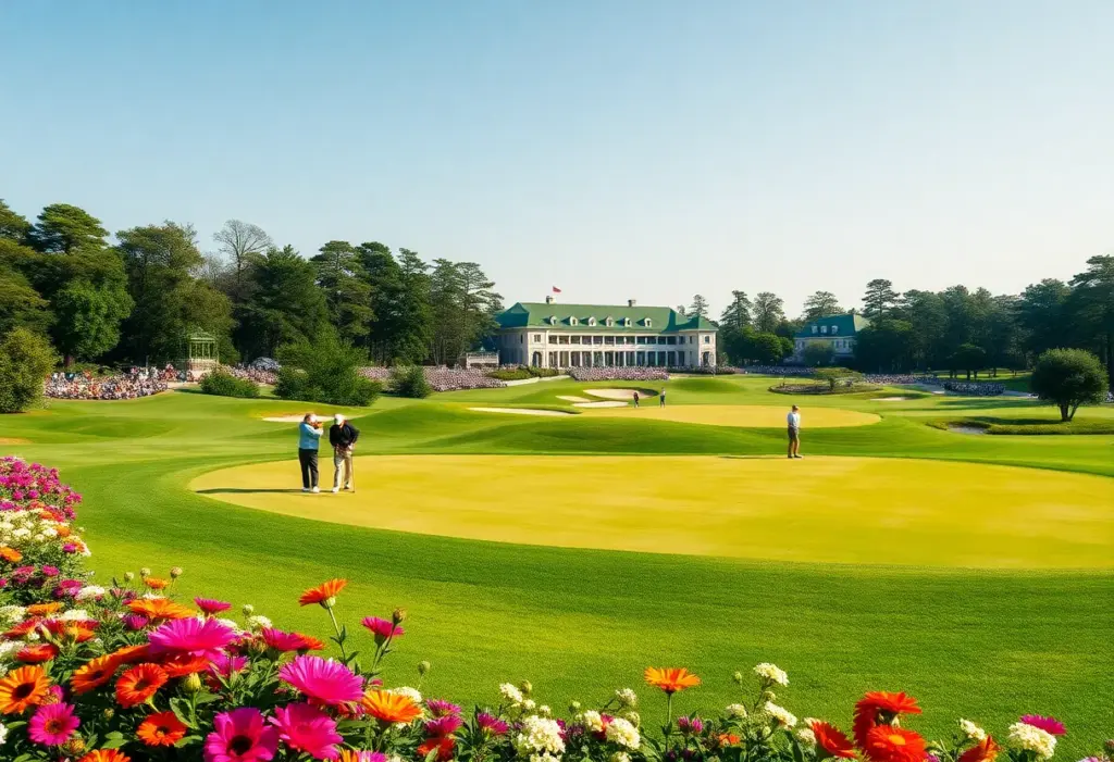 Scenic view of a golf course at Augusta with golfers in action.