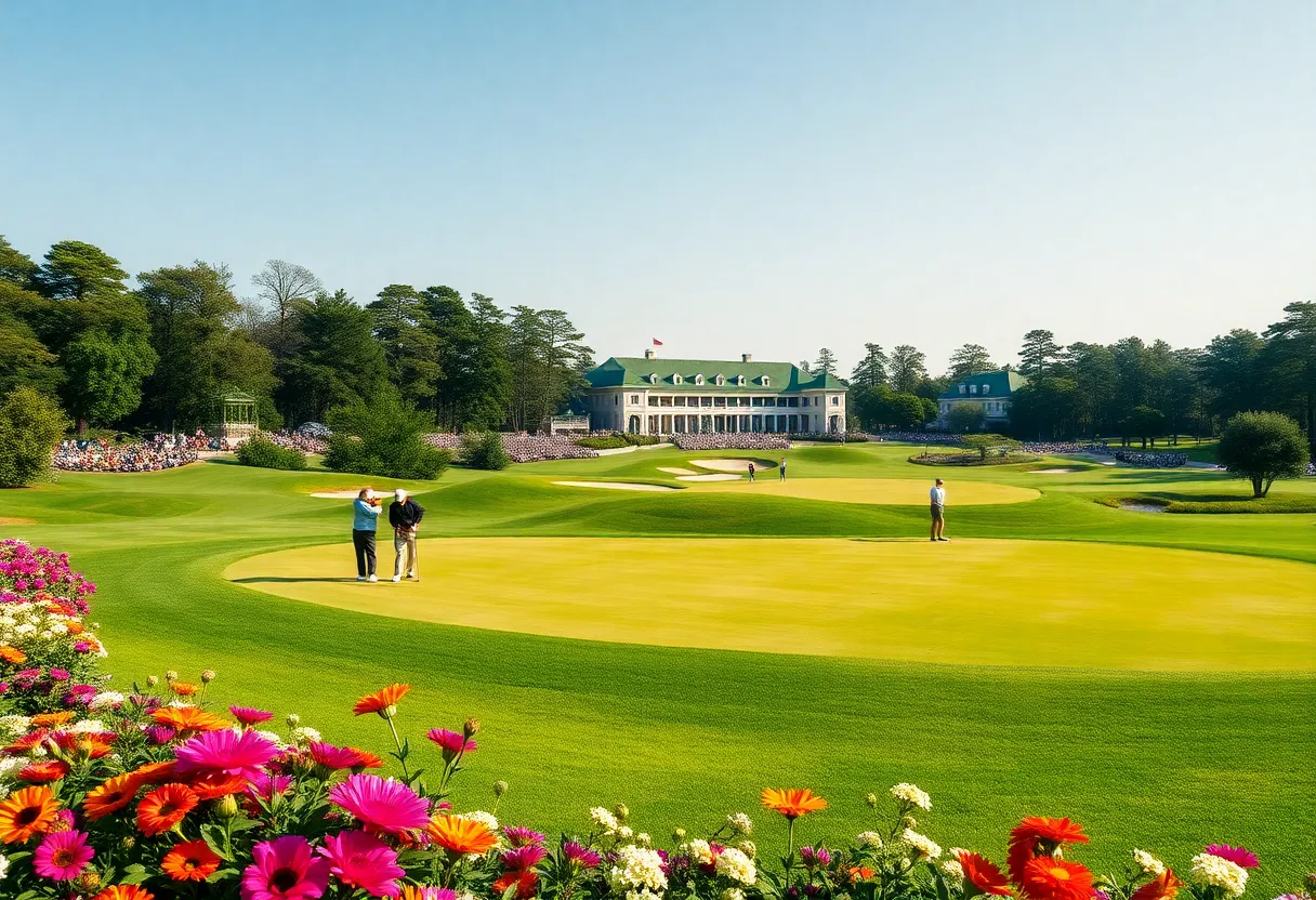 Scenic view of a golf course at Augusta with golfers in action.