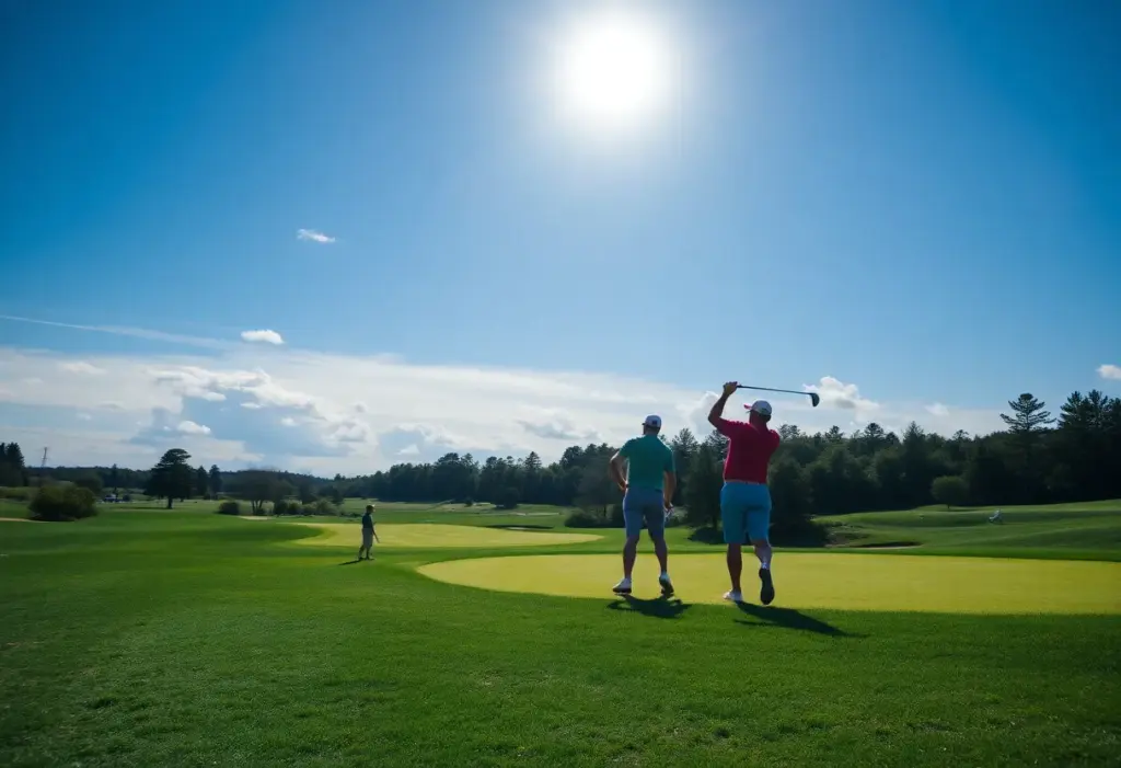 Golfers in action on a lush green golf course