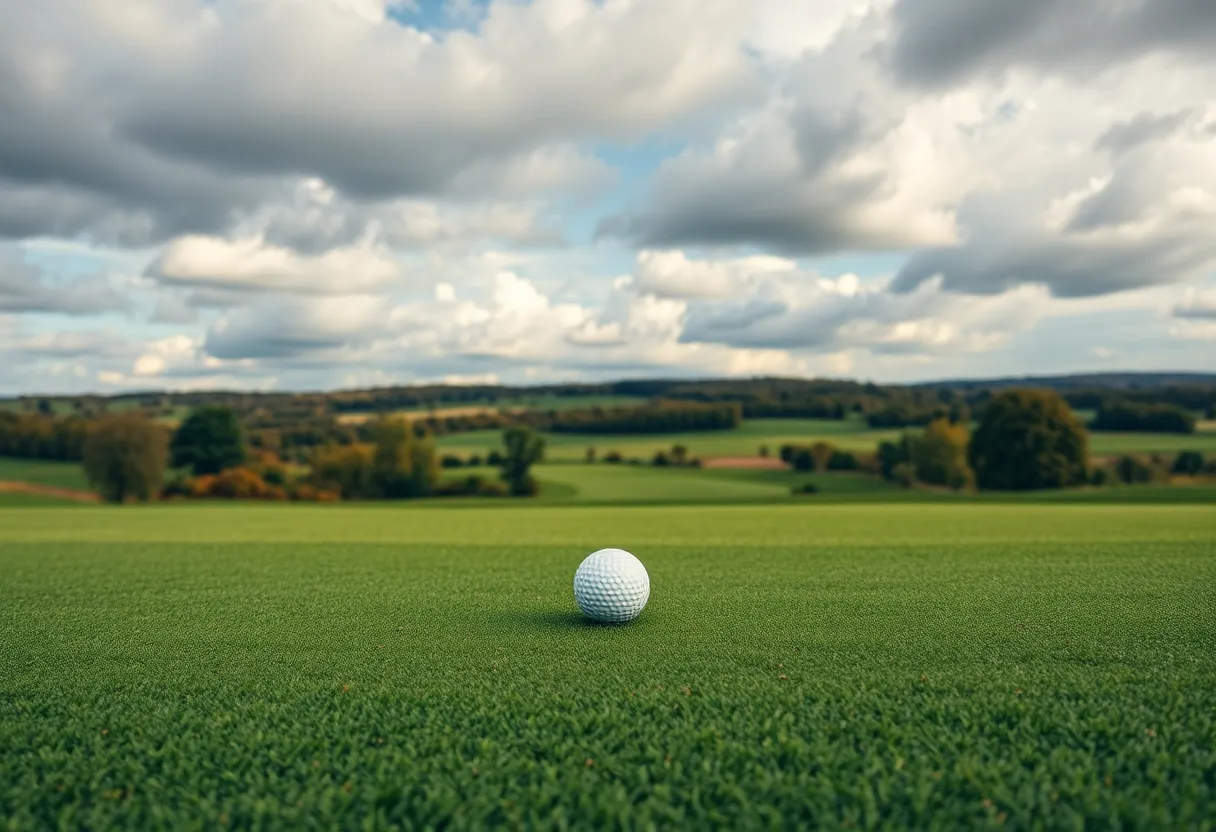 Golf course with a ball on the green under a cloudy sky