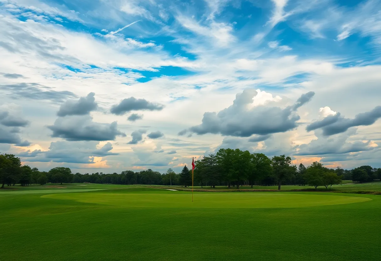 A beautiful golf course under a dramatic sky.