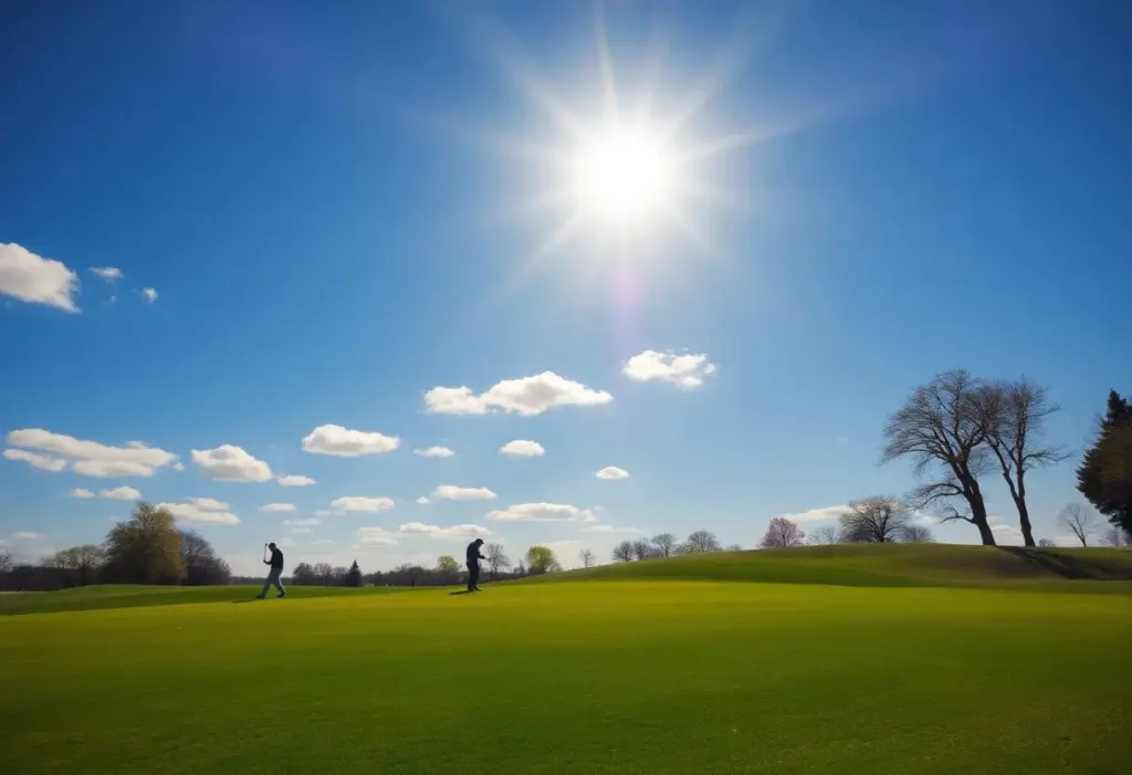 A golf course with players on the fairway, sun shining down, representing the start of the 2026 golf season.