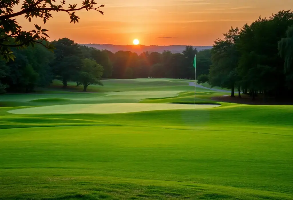 Beautiful golf course landscape during sunrise with lush greens.