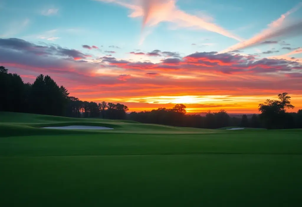 Scenic view of a golf course during sunrise with vibrant colors.