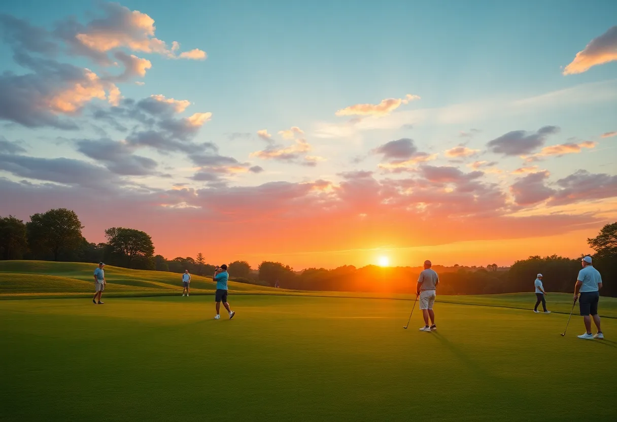 Sunset over a beautiful golf course with diverse golfers