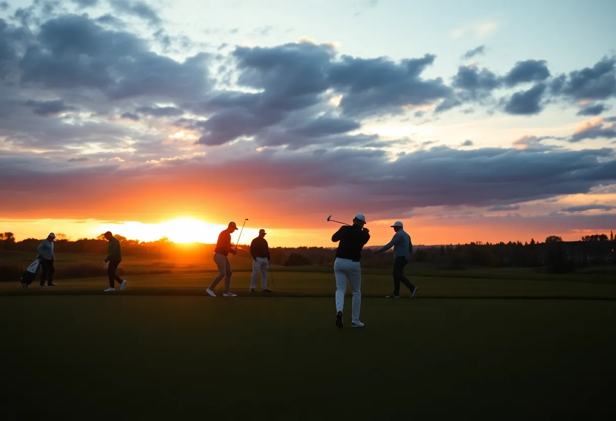 Sunset over a golf course with players practicing