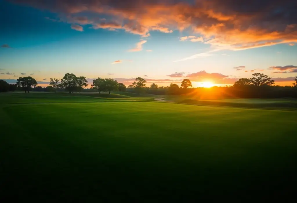 Scenic golf course landscape at sunset