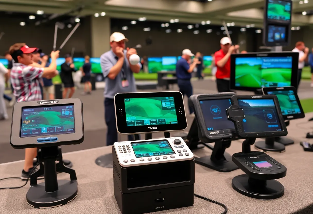 Different models of golf launch monitors at the 2026 PGA Show.