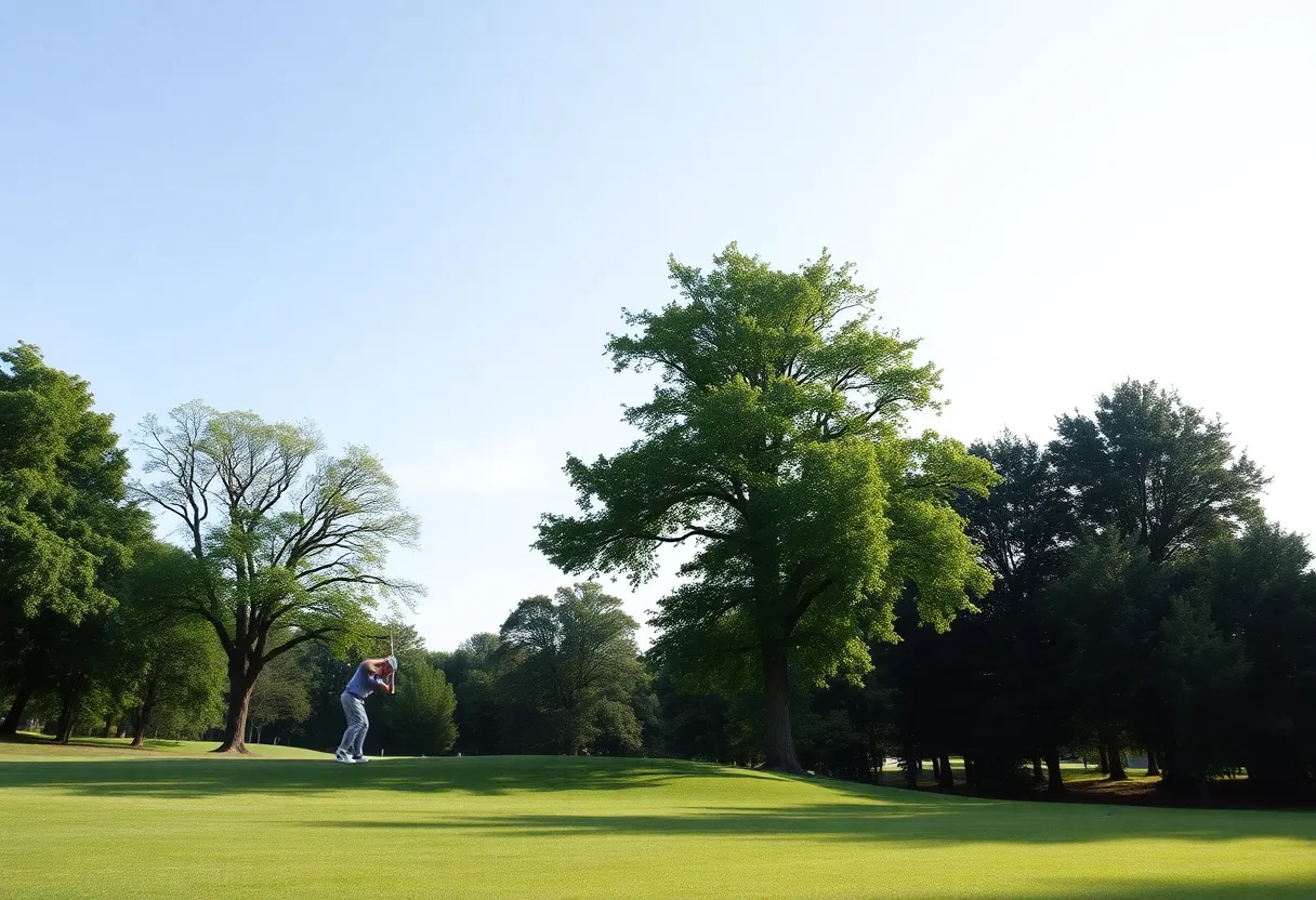A golfer practicing their swing on a scenic golf course.