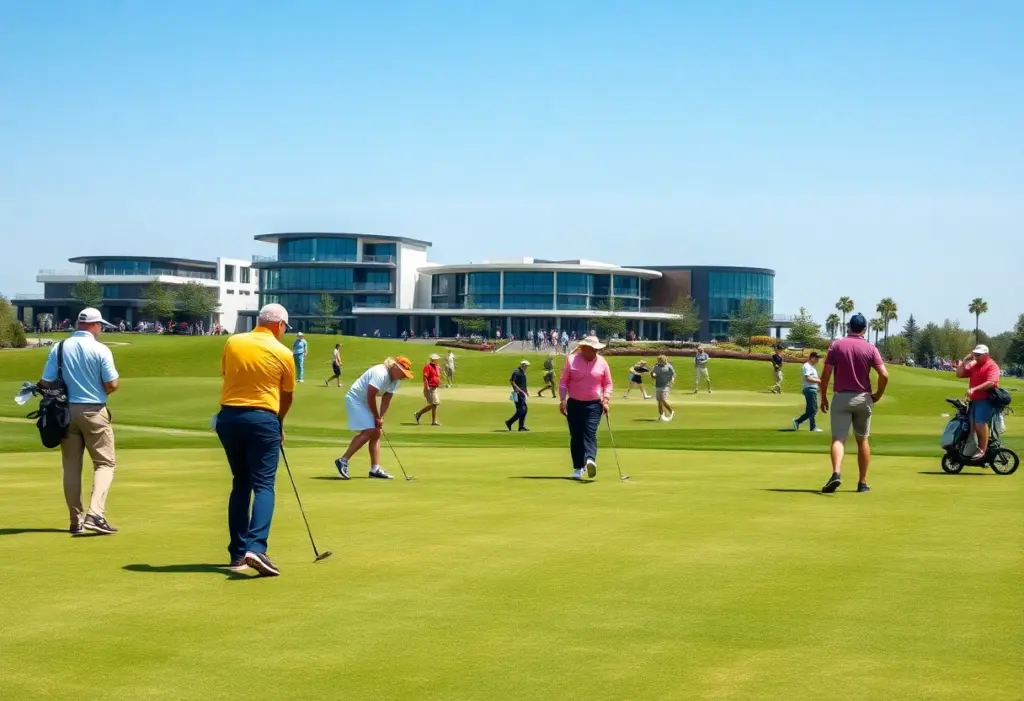 Diverse golfers enjoying a sunny day at a modern golf course.