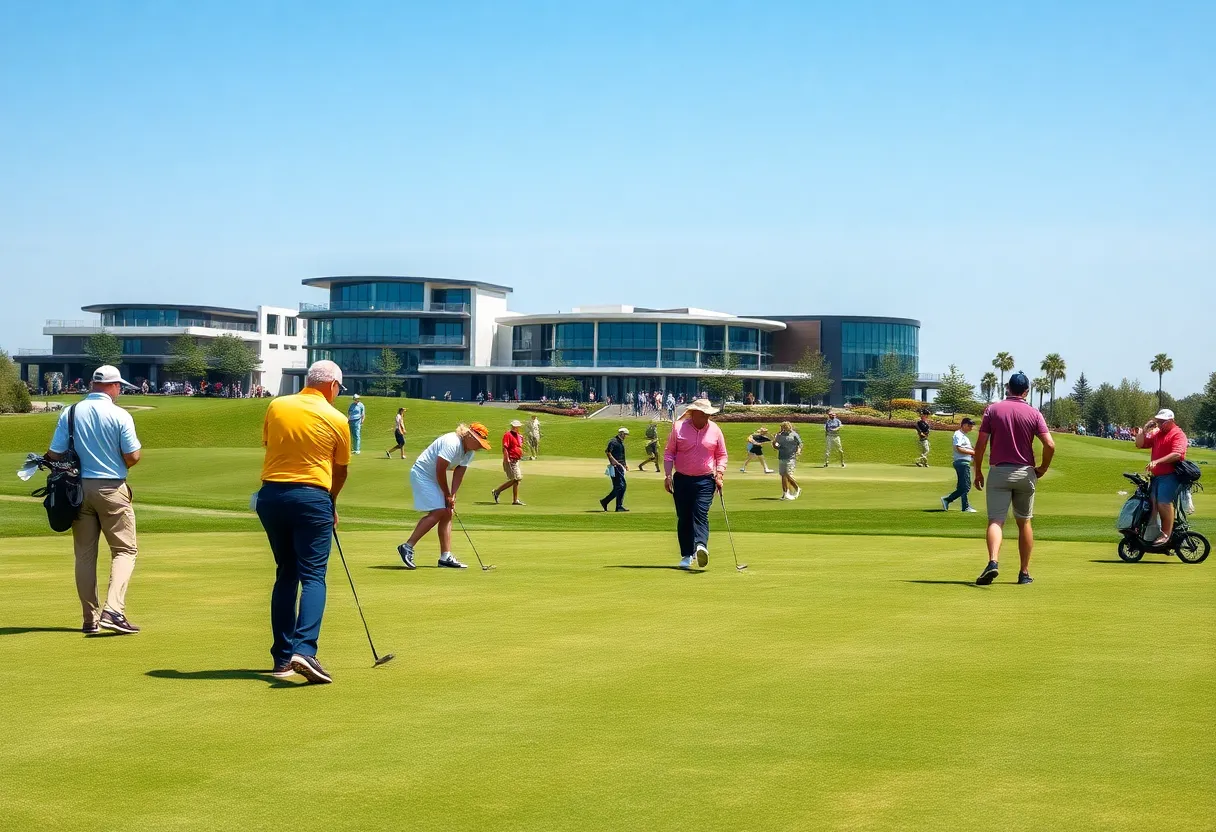 Diverse golfers enjoying a sunny day at a modern golf course.