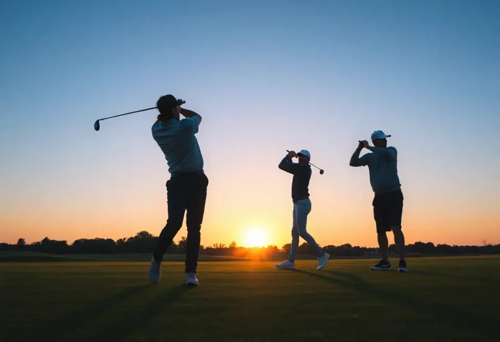Golfers practicing on a beautiful course, embodying self-affirmation.