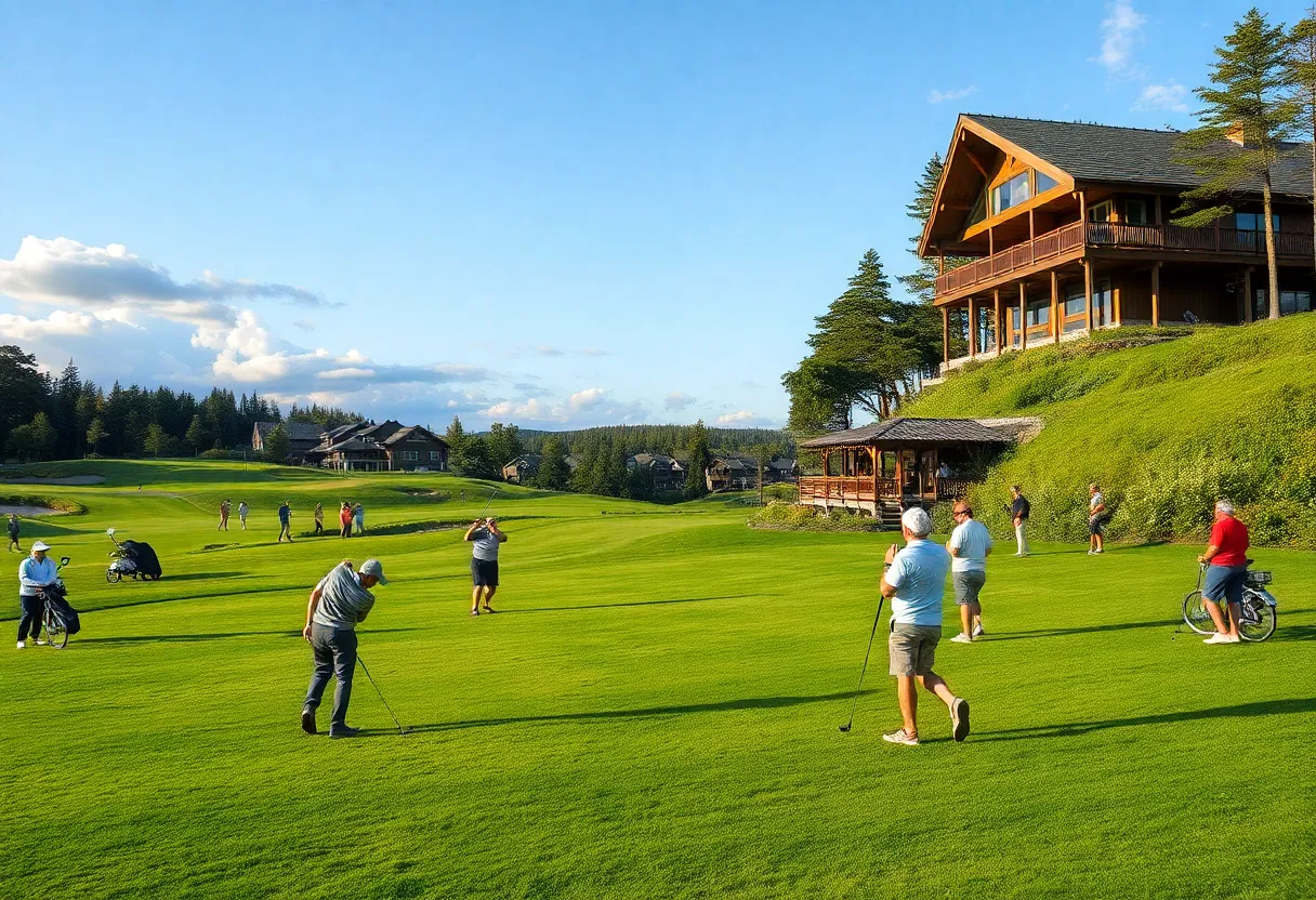 Golfers enjoying a scenic golf course amidst diverse travelers embracing new trends in golf tourism.