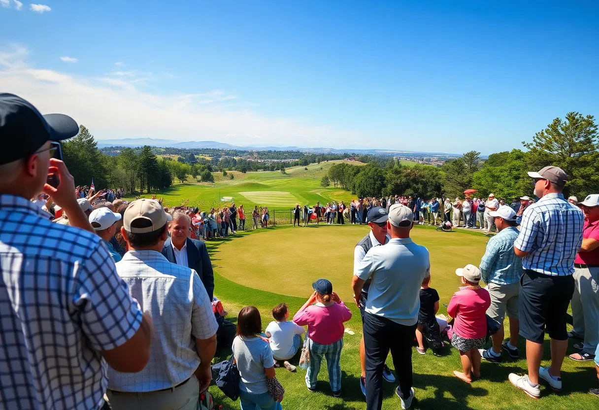 Exciting scene from a golf tournament showcasing players and fans.