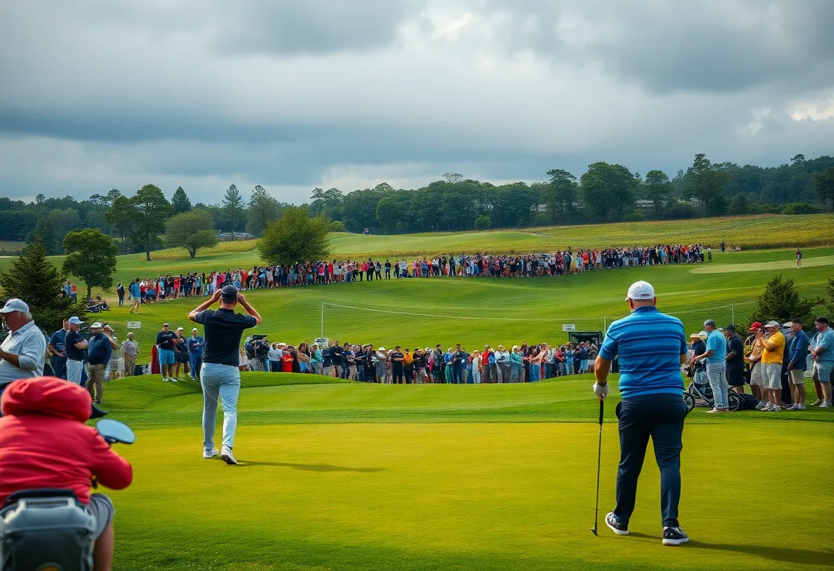 A dynamic golf tournament scene with players on the course.