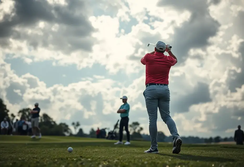 Golfers teeing off in a professional tournament setting