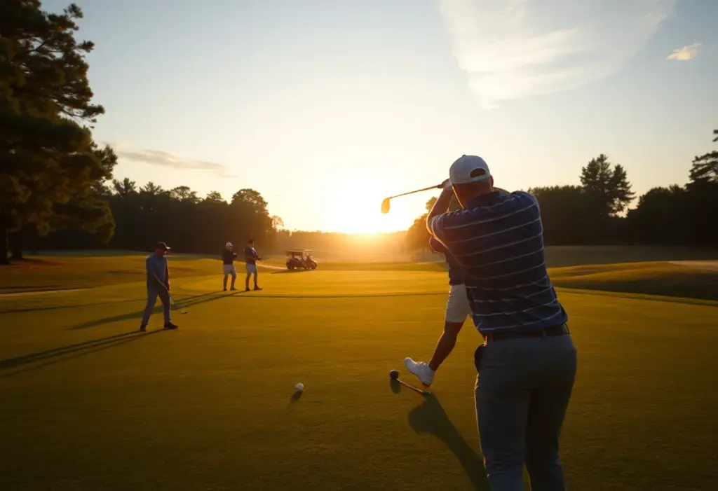 Golf players practicing their swings on a beautiful golf course at sunrise