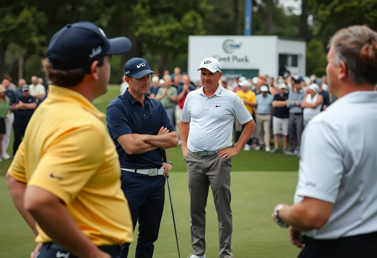 Players at a golf tournament discussing issues with DP World Tour