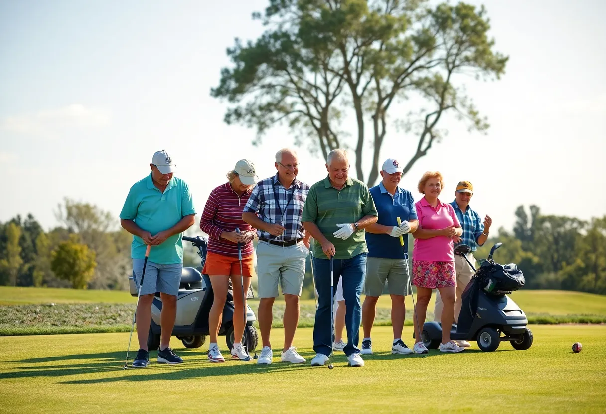 A group of diverse golfers enjoying a friendly day on the golf course.