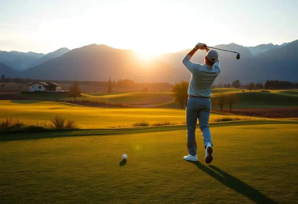 Golfer practicing on a golf course at dawn, symbolizing recovery and resilience