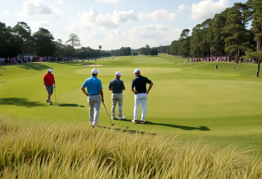 Golfers competing in a professional tournament on a sunny day.